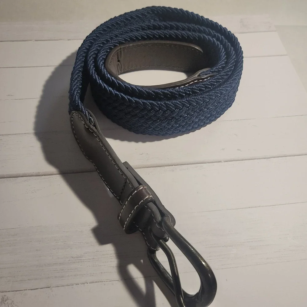 Navy Blue Canvas Woven Belt Large Brown Leather Preppy Casual Business